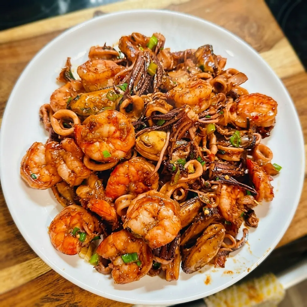 Pad Talay spicy Thai seafood stir-fry with mussels, squid and shrimp in Winnipeg - Shaba Thai Cuisine